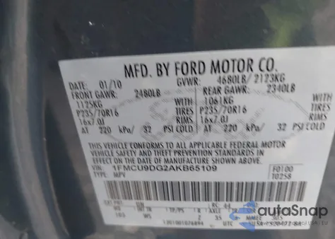 2010 Ford Escape Xlt из США, поврежденный, VIN 1FMCU9DG2AKB65109